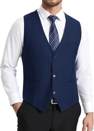 HISDERN Chaleco Traje Hombre Elegante Formal Clásico Color Liso Ajustable Chalecos de Vestir Hombre con 3 Botones Bolsillo para Boda Ceremonias Fiesta Negocio Eventos Regular Fit S-4XL