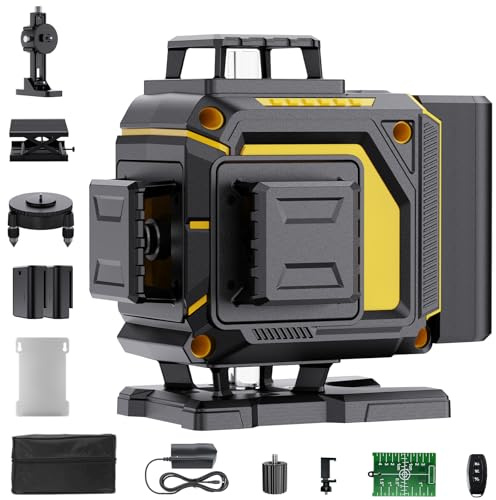 Nivel Laser Autonivelante 360 Grados, 4 x 360 °Nivel Láser 16 lineas,Verde nivel laser 360, Líneas Vertical/Horizontal Conmutables,2 Batería, Control Remoto, Base Magnética,Bolsa Portátil (amarillo)