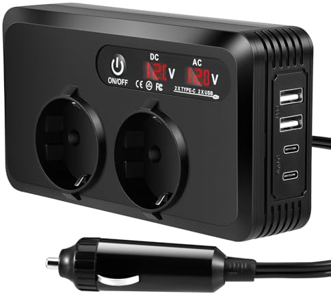 Encendedor de cigarrillos para coche CC a CA, inversor con doble pantalla LED, 200 W, convertidor de voltaje de 12 V a 230 V, con 2 enchufes y 2 USB-C 2 USB-A, cargador de coche con enchufe para