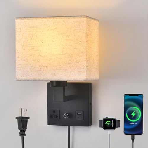 CNMYKYDS Bedside Wall Lamp for Bedroom, Plug in Wall Sconce - Dimmable Switch with AC Outlet & USB Charging Port, Fabric Shade, Black Wall Mounted Light for Living Room, Hotel