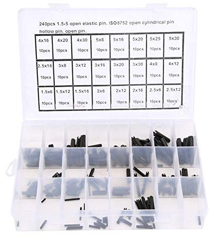 Baxnore Pin cilíndrico elástico, pasadores de posicionamiento hueco de acero al carbono, 240 pcs tamaños variados de 1.5 a 5 mm, Cotter para fijación de ensamblaje de piezas mecáni