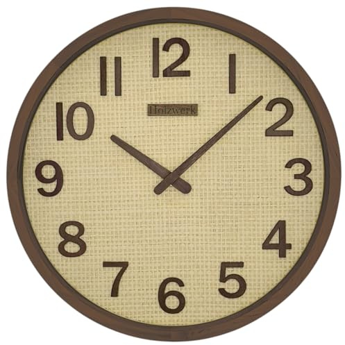 Holzwerk PENZBERG (Funk) Boho Style Bali Rattan Natur Holz Funkwanduhr Wanduhr Holz-Uhr Vintage Funkuhr nahezu lautloses Uhrwerk leise Tickgeräusche Massivholz 30 cm Braun Beige (Hw.Braun.)