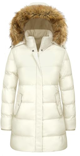 Wiepux Womens Winter Coat Full-Zip Puffer Jacket with Hood Quilted Coat Long Outwear Ladies Parka with Pockets,White,XL