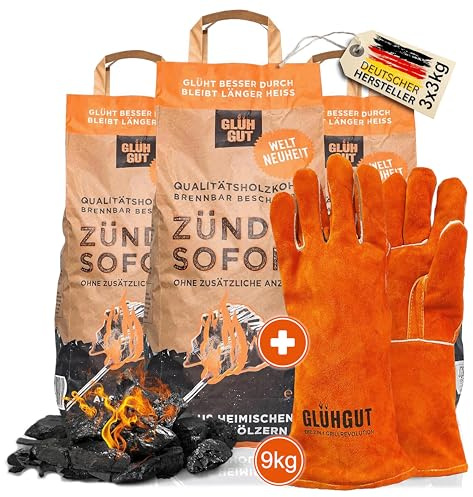 GLÜHGUT BBQ Zubehör Kit – inkl. Hitzebeständiger Leder Grillhandschuhe Premium Eichen-Buchen Grill Holzkohle (9 kg - 3 x 3Kg) | Für Grill, Kamin, Pizzaofen & Outdoor-Küche