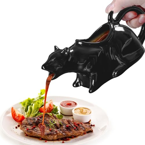 Sauciere Porzellan in Katzenform, Milchkännchen Porzellan, 250ML Keramik-Sauciere für Soßen, Wärmende Soßen, Salatdressings, Milch, Originelles Katzengeschenk für Tierliebhaber (Schwarz)