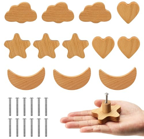 Exogio 12 stycken skåpknappar för barnrum, träskåpsknappar med skruvar, möbelknoppar lådknopp av naturträ, boho-byråhandtag, trähandtag för skåp, dörrknappar, dekoration