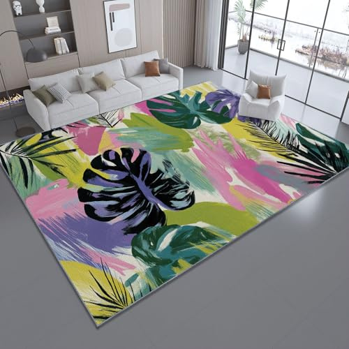Soft Art Tropical Plants Monstera Deliciosa Leaves Rug, Washable Area Rugs Living Room 120 x 160 cm Dining Kitchen - Easy Care Pile Non-Slip Short Pile White