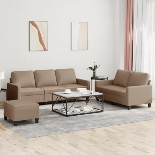 RMIHSJG Ensemble canapé 3 pièces avec coussins marron cappuccino en cuir synthétique résistant avec tabouret polyvalent pour salon et salon