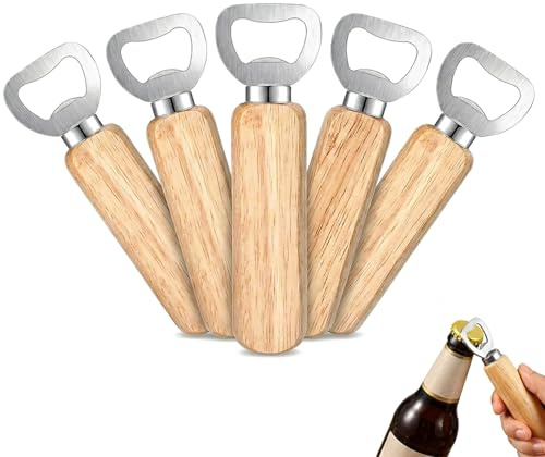 Peygre 5 Stück Flaschenöffner, Edelstahl, Holzgriff | Personalisierter Kronkorkenöffner, Kapselheber, Bieröffner, tragbares Geschenk für Männer, mit Holzgriff, Edelstahl