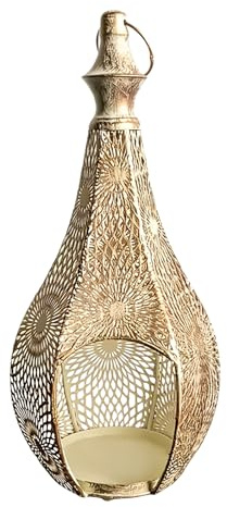 Lanterna marocchina a forma di goccia, 29,5 x 12 cm, supporto in metallo cavo, vassoio decorativo per lampada, design perforato, per esterni, patio, portico, interno