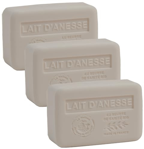 Maison du Savon de Marseille - Moisturising French Soap made with Organic Shea Butter - Donkey Milk Fragrance - Set of 3 Nourishing Bath & Body Bars - 750g