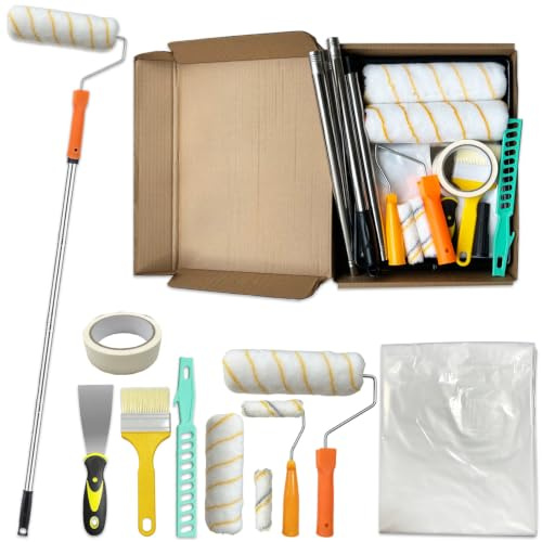 Paint Roller Set - 9 Inch Paint Rollers and Trays Sets - 4 Inch Small Paint Roller with 1.6 m Extension Pole, Brush, Scraper, Dust Sheet, Roller Sets for Painting Walls & Ceilings - Home Painting Kit