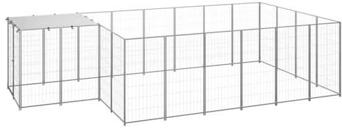 Silberner Hundezwinger aus Stahl, 8-teilig, 47 m², mit Wasser- und UV-beständiger Polyethylen-Überdachung und abschließbarer Tür für Hunde