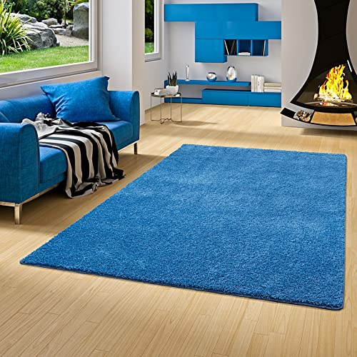 PALACE Hochflor Shaggy Teppich Blau in 24 Größen