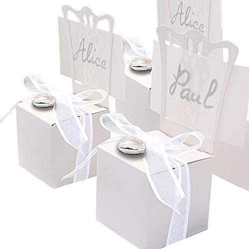12x Kartonagen EinsSein® Gastgeschenke Hochzeit Tischkartenhalter Stuhl weiß mit Namenskärtchen Hochzeitsmandeln Kartonage Geschenkboxen Geschenkbox Taufe Taufmandeln Kommunion Tischkarten Candybar