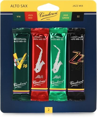 Vandoren SRMIXA2 Rohrblätter für Altsaxophon, Jazz-Mischung, die Karte enthält je 1 Blatt: ZZ, V16, JAVA und JAVA-Rot Stärke 2