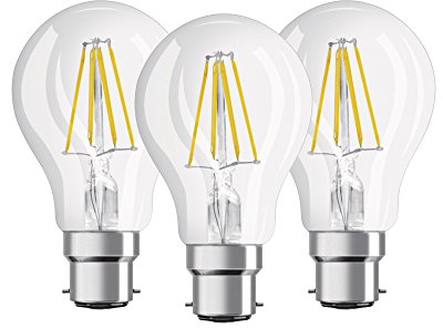 Osram LED Base Classic A Lampe, in Kolbenform mit B22d-Sockel, nicht dimmbar, Ersetzt 60 Watt, Filamentstil Klar, Warmweiß - 2700 Kelvin, 3er-Pack
