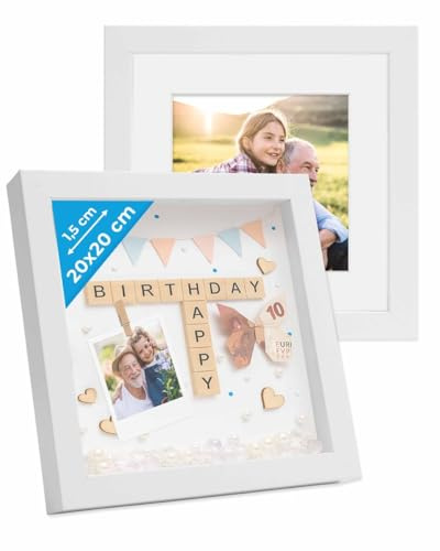 PHOTOLINI 3D Bilderrahmen zum Befüllen 20x20 Weiß, 1,5 cm tiefer Objektrahmen mit Glas, 2x tiefer Bilderrahmen 20x20 Holz MDF mit Passepartout, dicker 3D Rahmen befüllbar für Gegenstände Geschenk