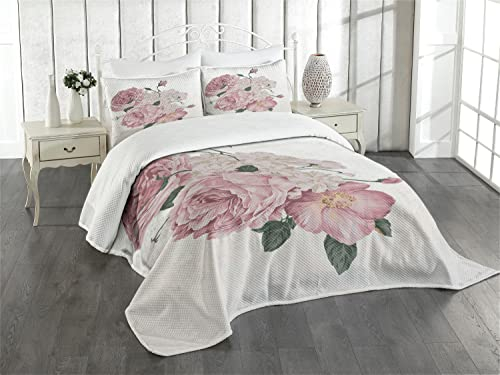 ABAKUHAUS Rose Tagesdecke Set, Alte Rosen Corsage Grunge, Set mit Kissenbezügen Waschbar, für Doppelbetten 220 x 220 cm,Beige Grün