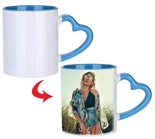 350 ML Tasse en Céramique Personnalisée avec Photo Mug Personnalisable avec Poignée Tasse à Café Personnalisée avec Cuillère Cadeau Original pour Anniversaire Saint-Valentin Fête Mère, Bleu, Coeur