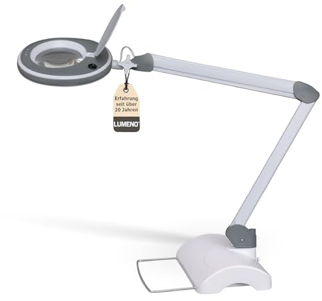 Lumeno 8213GR LED Lupenleuchte, 3 Dioptrien, dimmbar mit Tischstativ | Farbechtes Licht (CRI 90+), 127 mm Echtglaslinse, dimmbar. Für Kosmetik, Fußpflege, Nageldesign, Handarbeit und zum Lesen