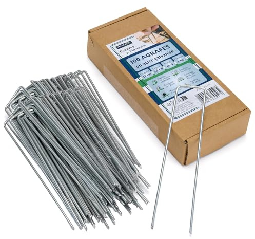 Flandria – Lot 100 Piquets de Fixation Acier Galvanisé 170 mm x 35 mm – Ø 3 mm – Agrafes de Jardin pour Toile de Paillage, Gazon Synthétique, Tuyaux