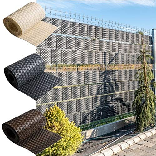 FVLFIL R.G. Sichtschutzstreifen Sichtschutz Rattan Doppelstabmatten mit Clips 19 x 255cm Zaunblende inkl. Befestigungsclips Stabmattenzaun 2,5m (Grau)