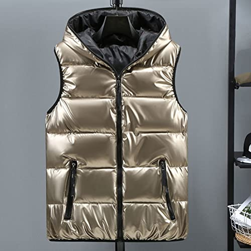 CWENROU Damen Ärmellose Daunenweste - Winter Plus Größe Damen Daunenweste Retro Kapuze Kurz Glänzende Ärmellose Daunenjacke Wattierte Jacke Wasserdicht Warm Gold Freizeit Outdoor Sport