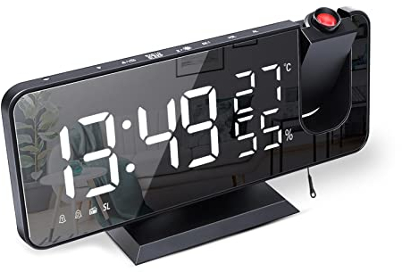 Wecker mit Projektion Radiowecker-Digitaler Projektionswecker mit USB-Anschluss, 7.5'' großes Spiegel-LED-Display,Snooze Dual-Alarm,FM Radio,4 Displayhelligkeit mit automatische Dimmfunktion (Schwarz)