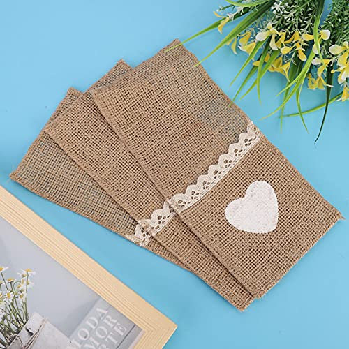 Sackleinen-Bestecktasche, Bestecktasche, 10 Stück, natürliche Sackleinen-Jute-Spitze für die Tischdekoration zu Hause. für ländliche Hochzeit für Messer, Gabeln,(Liebe Geschirrtasche true color)