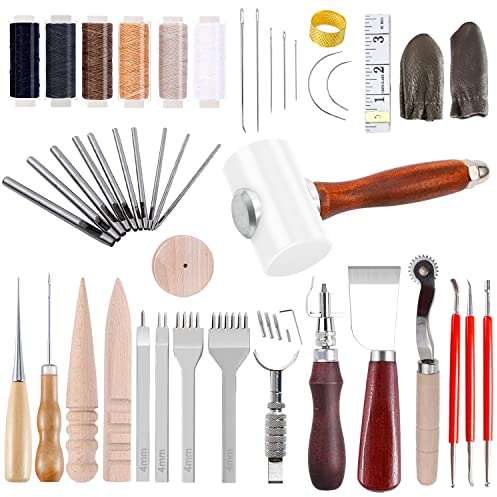 Leder Werkzeuge Set Leder DIY Bearbeitungs Werkzeug Leder Arbeit Handwerk Werkzeuge Lederhandwerk Werkzeuge mit Hammer Leder Nadeln Leder Schneidemesser Groover Faden Prong Punch Drehbares Ledermesser