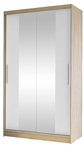 Mirjan24 Kleiderschrank Margite II mit 2 Spiegel, Kleiderstange und 5 Fächer, Schlafzimmerschrank, Flurschrank, Garderobenschrank, Dielenschrank, Schwebetürenschrank (Sonoma Eiche/weiß)