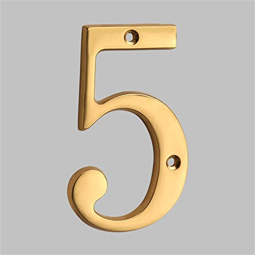 3D Floating House Plaque Numbers Solid Brass 4 Inch Letters Golden Modern Number Apartment Door Digital Alphabet Home Mailbox Outdoor Address Outdoor Sign Plates Exterior Signage, Screw Mounted (5)