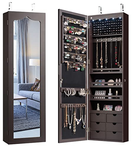 RELAX4LIFE Schmuckschrank mit automatischen LEDs, Schmuckregal mit 6 Schubladen & 3 Lagerregalen & Spiegel, Schmuckorganizer für Ohrringe Armband Kette Ringe Kosmetik, Tür- & Wandmontage (Braun)