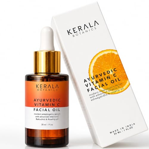 Ayurvedic Vitamin C Face Oil with Rosehip Oil, Bakuchiol, Ashwagandha, and Squalane, Hydrating, Brightening, and Repairing Serum for Dark Spots, Fine Lines, and Wrinkles, Clean Luxury Skincare