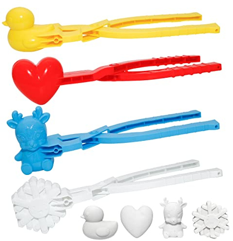 Holady 4PCS Large Size Snowball Maker Clip,Snowball Maker Tool with Handle for Snow Ball Fights, Snow Toys Kids Winter Outdoor Toys（Deer,Love Heart,Duck,Snowflake Shape）