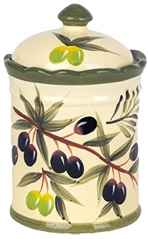 ROCKING GIFTS Bote de Almacenaje para Cocina Multiusos Estampado Olivas Mediterráneo, Tarro con Tapa para Sal, Azúcar, Especias, Salero y Azucarero, 18 cm