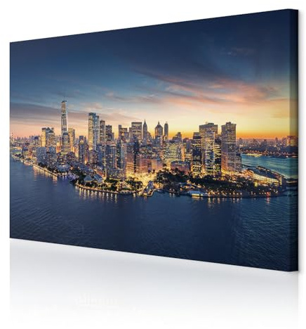 decomonkey Bilder New York 90x60 cm 1 Teilig Leinwandbilder Wandbild Haus | Strukturleinwand, Holzkeilrahmen, Bild auf Leinwand, Kunstdruck, Wanddeko, Wohnzimmer, Wanddekoration, Manhattan, Stadt, Blau