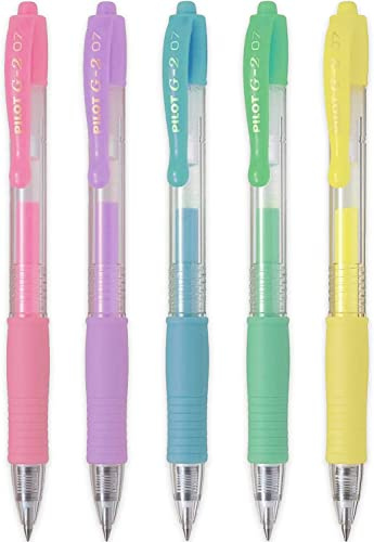 Pilot G2 07 Tintenroller, einziehbar, 0,7 mm feine Spitze, Pastellfarben, 5 Stück, Pink, Lila, Blau, Grün und Gelb