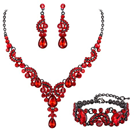 EVER FAITH Kristall Schmuckset Hochzeits Braut Art Deco Floral Teardrop Halskette Ohrringe und Armband Set Rot Schwarz-Ton