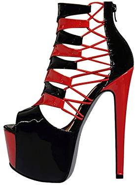 Only maker Damen Plateau Sandaletten High Heels Schaftsandalen Peeptoe Sandalen Schwarz Rot 40 EU
