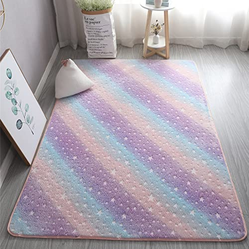 XMwike Leuchtender Teppich, leuchtet im Dunkeln, für Kinder, rutschfest, Schlafzimmer, Wohnzimmer, Teppich, Regenbogenstern, 200 x 140 cm