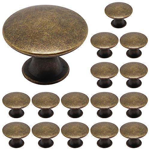 SWZHAI 16 Pack Antique Brass Cabinet Knobs, Round Dresser Knobs Kitchen Drawer Knob, Single Hole Cupboard Door Knob Dresser Drawer Pulls Handles