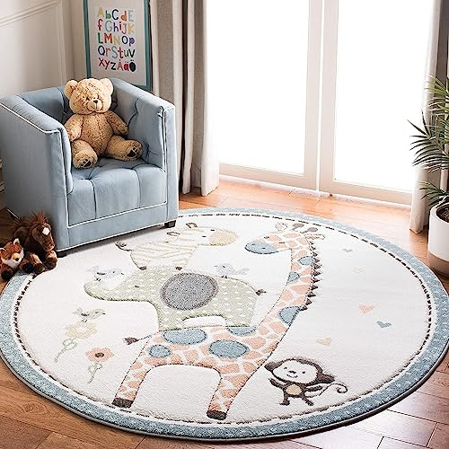 Sedefen Teppich Rund 100cm Kinderzimmer Mädchen Jungen Tiere Motive Weiß Kinderteppich Waschmaschinenfest rutschfest Flauschig Teppich für Schlafzimmer Wohnzimmer