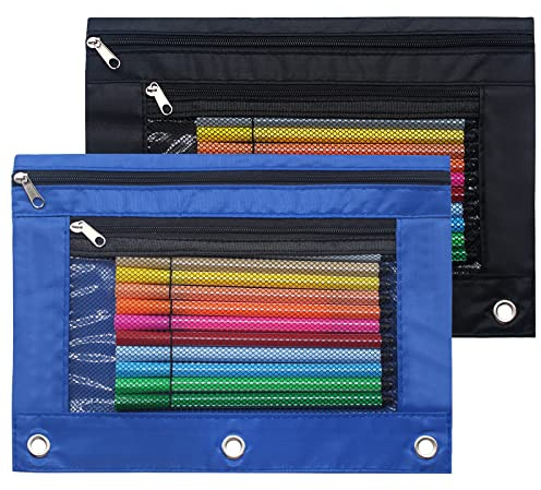 Cinvo Federmäppchen mit 3 Ringen und Reißverschluss, Federmäppchen aus Segeltuch mit 2 Fächern, blau/schwarz, Taschen-Organizer