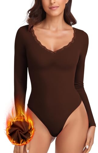 WOWENY Thermo Body Langarm Damen Elegant Spitze Micro Fleece Oberteil Spitzenbody Warm Langarmshirt Bodysuit Women mit V Ausschnitt Langarmbody Trachtenbody Braun S