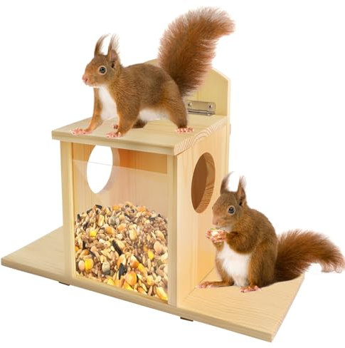 Suewidfay Squirrel Feeder with Lift-Up Lid, Wooden Squirrel Feeders for Outdoor Winter Garden Outside Backyard, Waterproof Durable Feeder Just for Squirrels