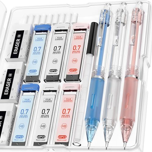 Four Candies Druckbleistift-Set, 3 Stück Minenbleistift 0,7 mm, mit 6 Tuben Bleistiftmine, 3 Gelee-Radiergummis, Mechanischer Bleistifte zum Schreiben, Zeichnen und Skizzieren