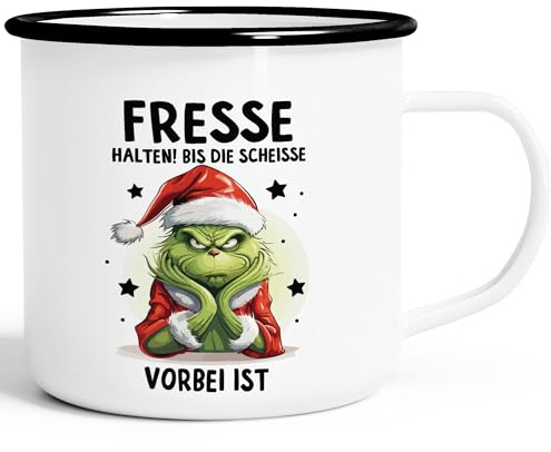 MoonWorks® Emaille-Tasse Anti Weihnachten Spruch Ironie Sarkasmus lustige Weihnachtsbecher Geschenke für Weihnachtsmuffel Emaille-weiss-schwarz standard