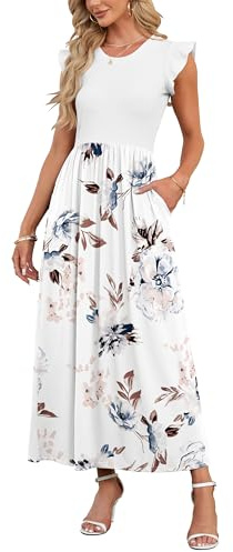 AUSELILY Gonna Lunga Elastica a Vita Alta Abito da Banchetto Gonna Lunga Estiva Girocollo Casual da Donna con Tasche(Fiori Bianchi,M)